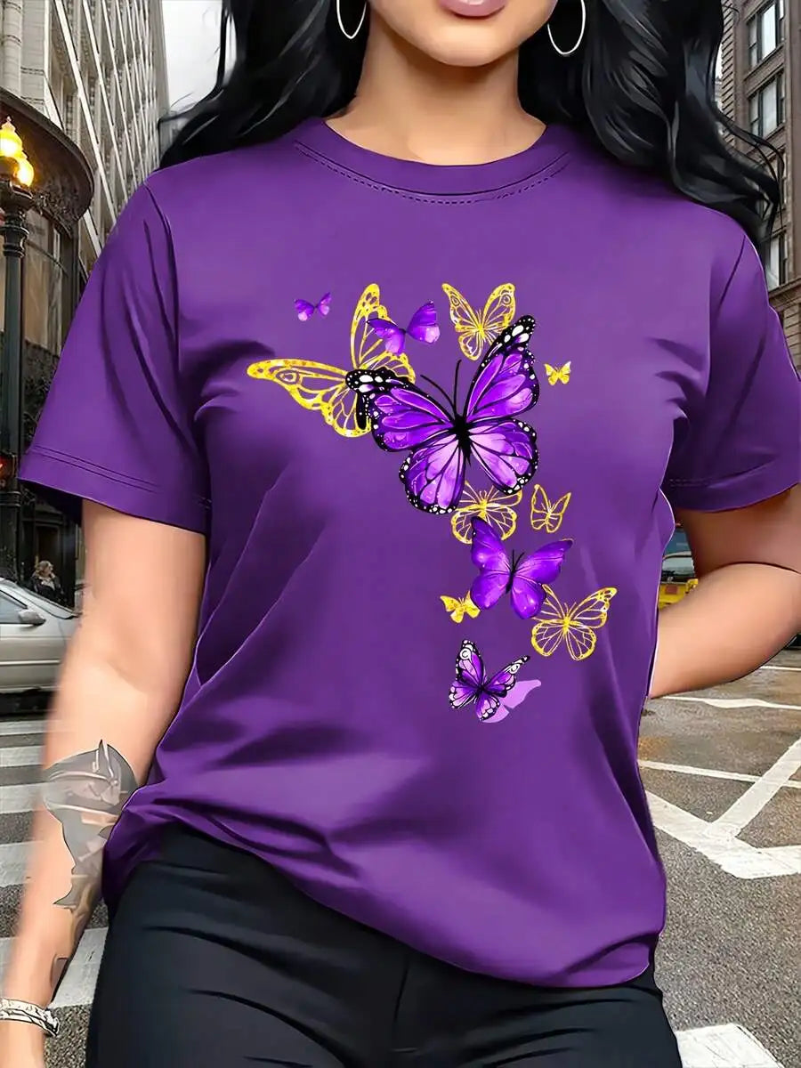 New T-shirt with Butterfly Pattern Print Round Neck Golden Element Design Exquisite and Gorgeous Breathable and Lightweight