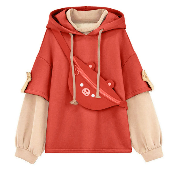 Bear Hoodie For Womens Autumn Casual Fashion Oversized Color Block Sweatshirt Unisex Long Sleeve Hooded Y2k Streetwear свитшот