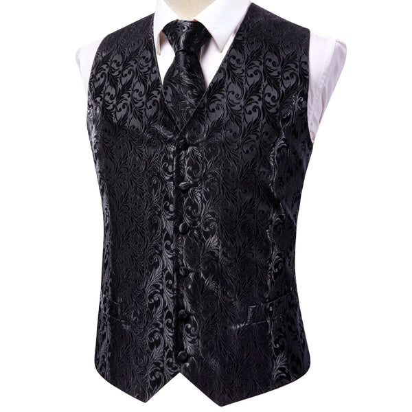 Men's Black Dress Vest Set with Tie Pocket Square Cufflinks - Jacquard Formal Tuxedo Waistcoat Suit Wedding Business Party