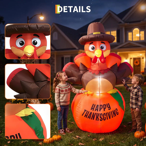 6ft Thanksgiving Inflatable Pumpkin Turkey With 7 Led Lights, Blow Up Outdoor Yard Lawn Garden Porch Party Indoor Decor Toy Display