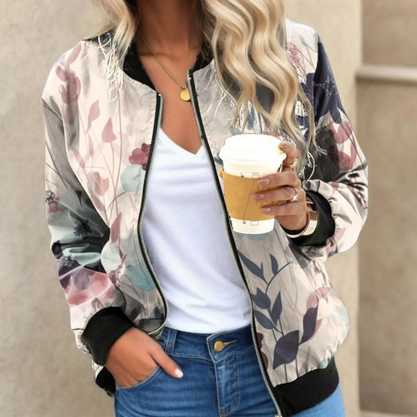 Women Floral Bomber Jacket Coats Vintage Long Sleeve Zip Up Jackets Autumn Casual Stand Collar Short Coat Female Outerwear Tops