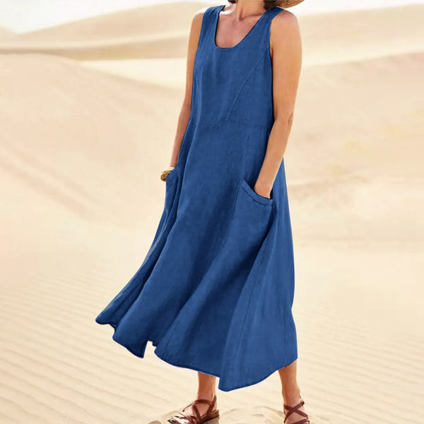 Vintage Cotton Linen Long Dresses for Women Summer Solid Color Sleeveless Boho Maxi Dress Pocket Loose Tank Dress Plus Size 5XL