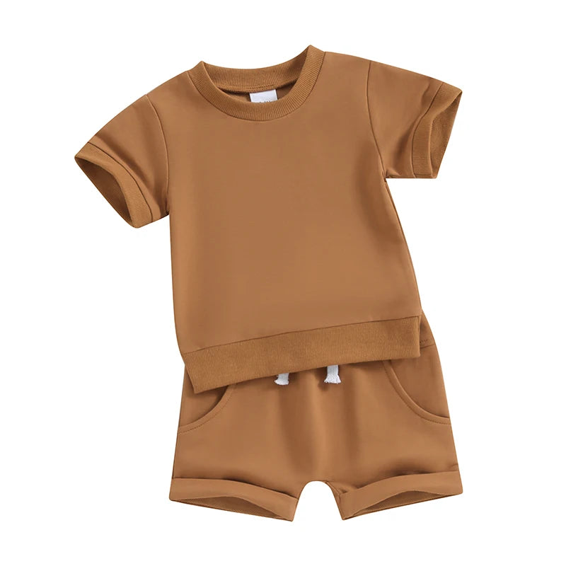 Toddler Baby Summer Clothes Solid Color Short Sleeve Round Neck T-Shirt with Shorts 2Pcs Outfit