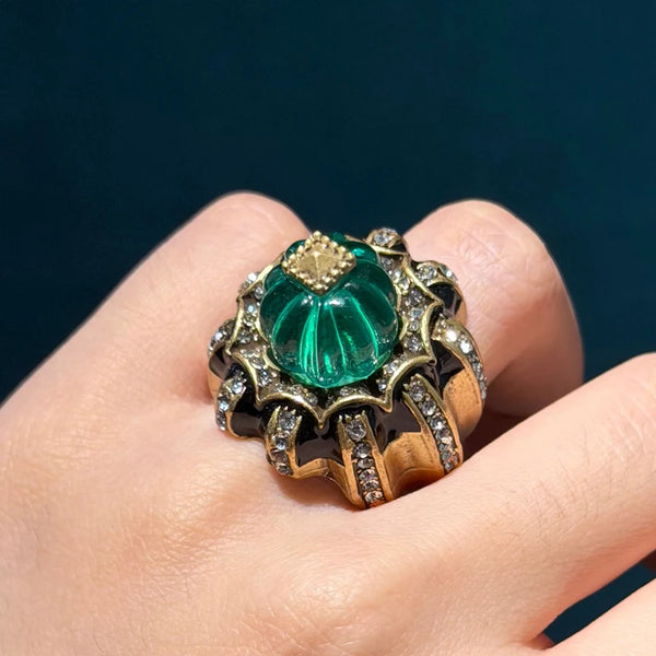 Vintage Rings For Woman Pumpkin Green Resin Black Gold Color Rhinestone Luxury Jewelry High-End Accessories Thanksgiving 2026