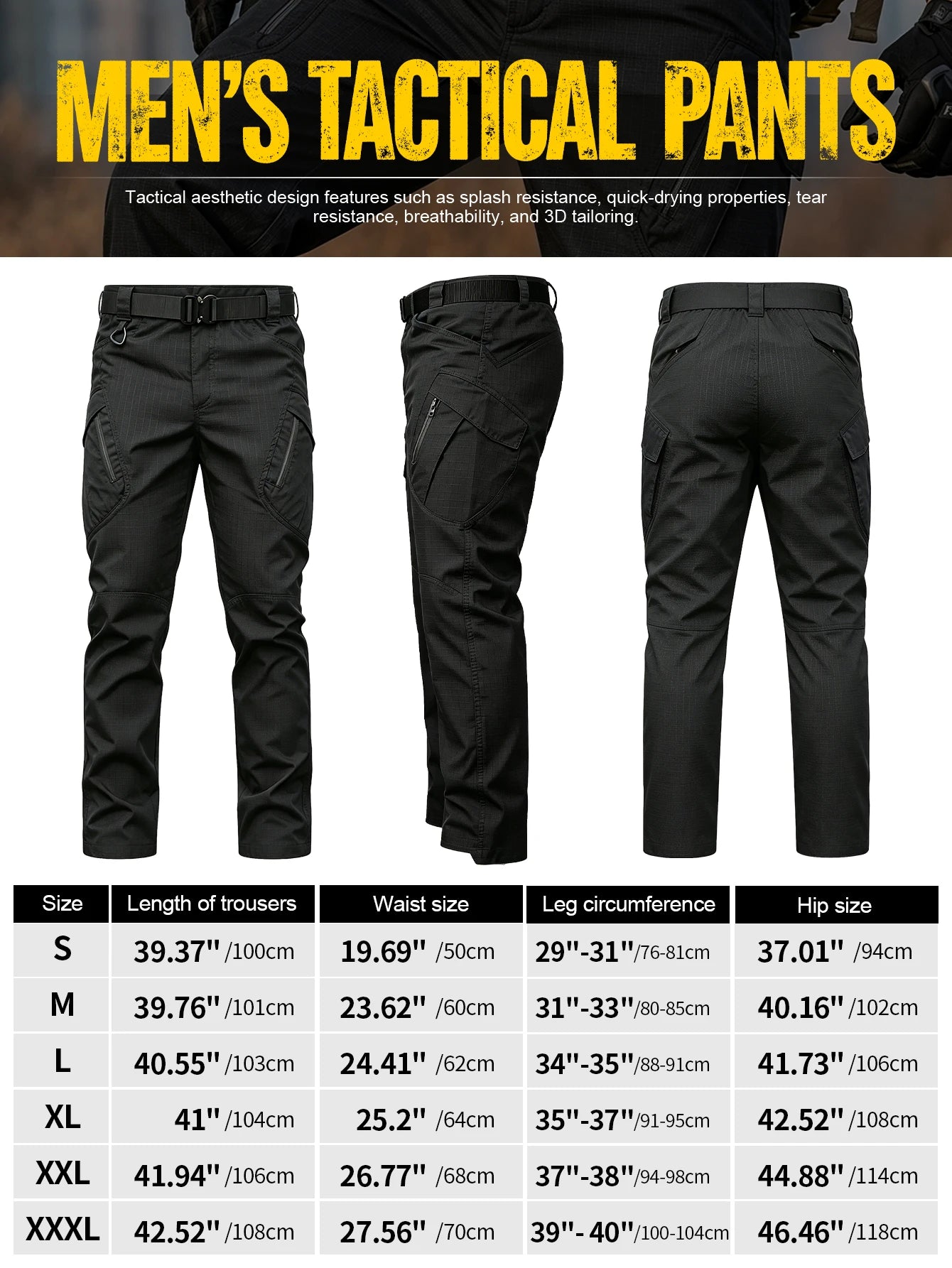 Men's Heavy Duty Tactical Pants Black, Durable Ripstop Cargo Work Pants, Water Resistant Outdoor Hiking Pants, Ships from US