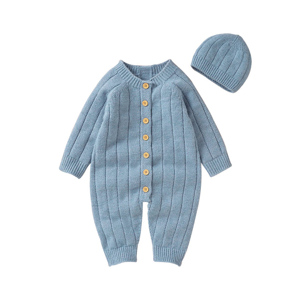 2022-06-29 Lioraitiin Infant Winter Jumpsuit and Cap, Solid Color Long Sleeve Single-breasted Knitted Romper, 0-18 Months