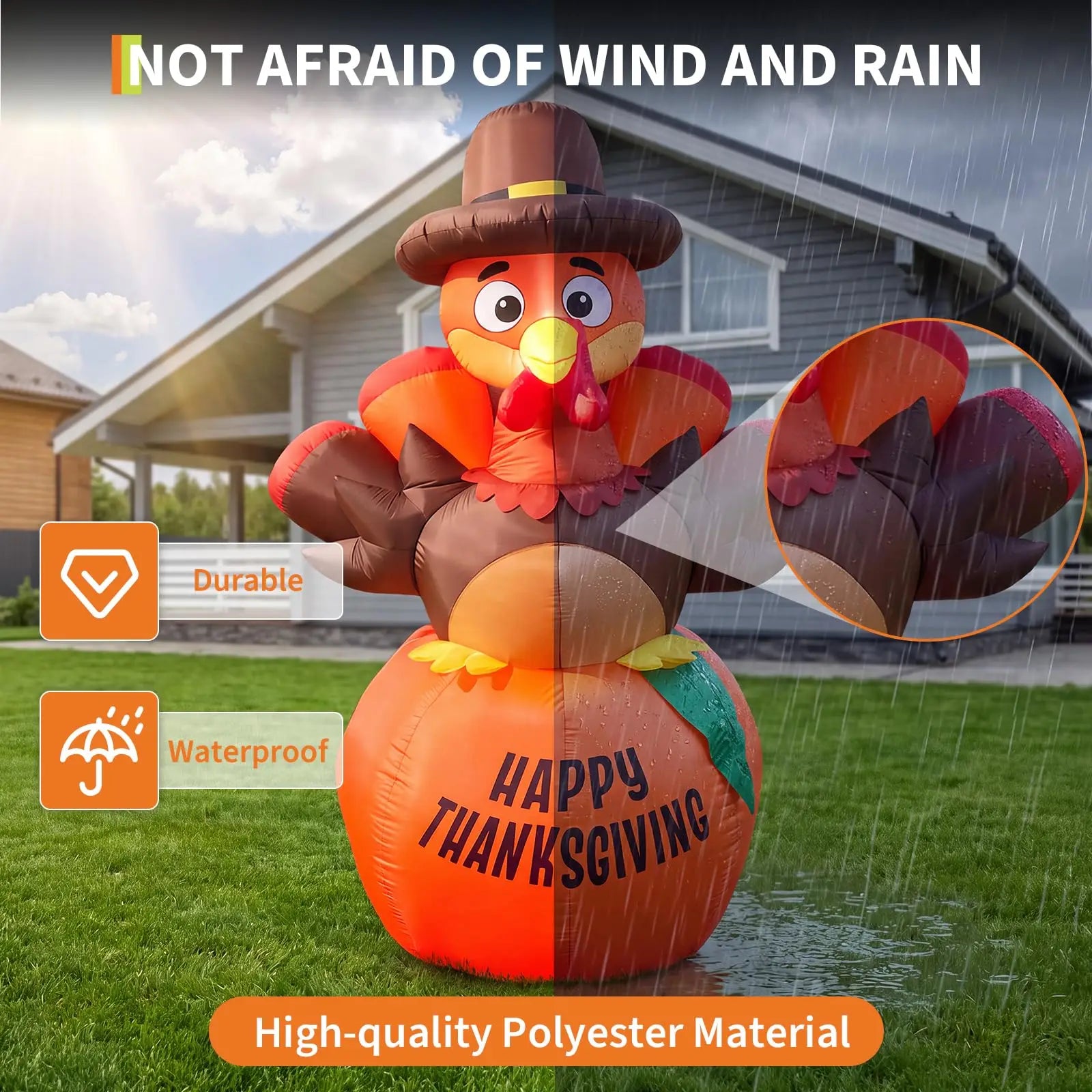 6ft Thanksgiving Inflatable Pumpkin Turkey With 7 Led Lights, Blow Up Outdoor Yard Lawn Garden Porch Party Indoor Decor Toy Display