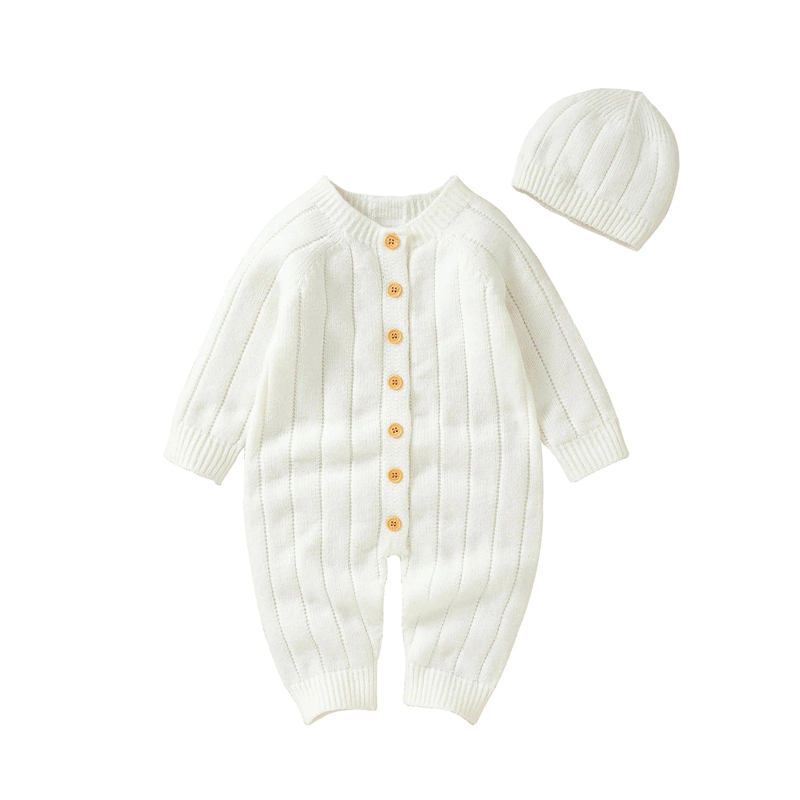 2022-06-29 Lioraitiin Infant Winter Jumpsuit and Cap, Solid Color Long Sleeve Single-breasted Knitted Romper, 0-18 Months
