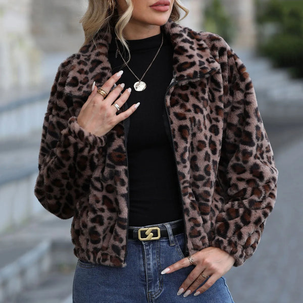 Streetwear Women Bomber Jackets Leopard Print Fashion Short Coats Fuzzy Fleece Long Sleeve Lapel Outerwear Cropped Cardigan