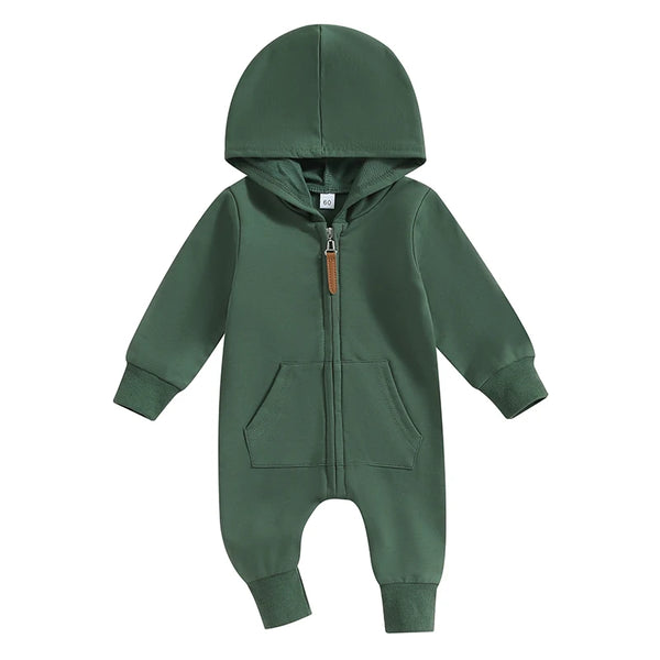 2023-07-19 Lioraitiin 0-12M Newborn Baby Boys Girls Fall Jumpsuits Long Sleeve Solid Zip Up Hooded Rompers Newborn Outfit