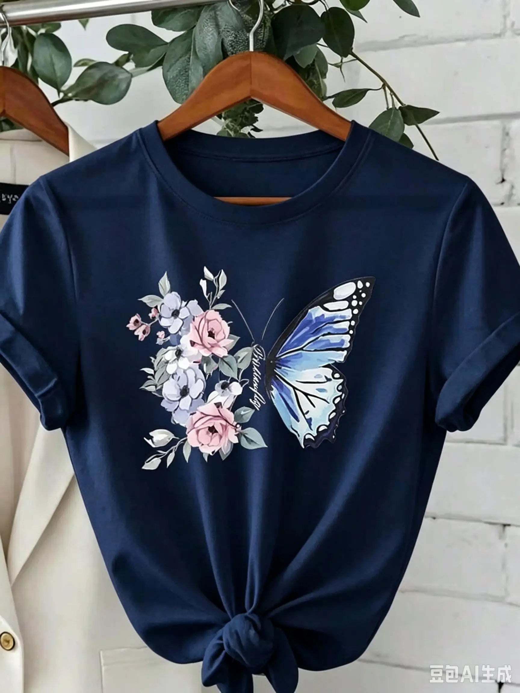 1-Piece Set--Women's Round Neck Chrysanthemum Floral Print T-Shirt Top, Fashion Anti-Wrinkle Cotton T-Shirt
