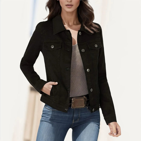 Women's Autumn Winter Thin Denim Jackets Turn Down Neck Long Sleeve Solid Color Jean Jackets Button Down Pockets Slim Crop Top