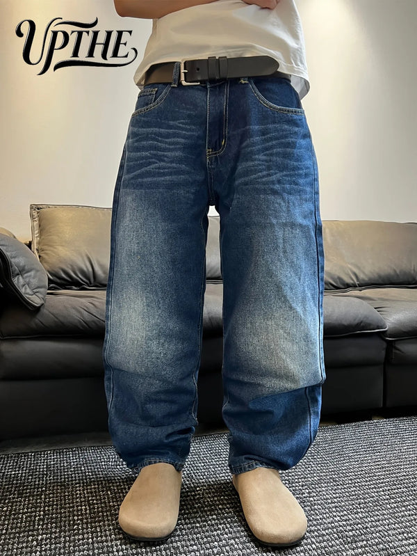 UP.THE Men's Wide-Leg Loose Jeans, Classic Blue-and-White Color Scheme, Y2K Vintage Casual Baggy Denim Pants, Suitable for Commuting, Office & Street Style