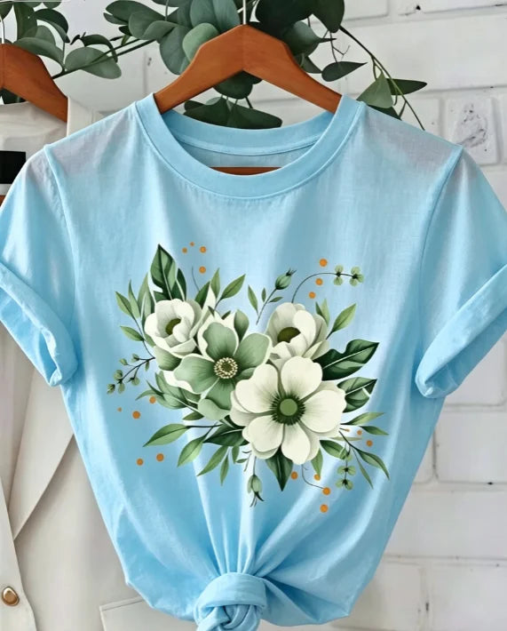 White‑Flower Green‑Leaf Floral Graphic Print Unisex Crew Neck Short‑Sleeve Pure‑Cotton Spring‑Summer Mother's‑Day Casual Everyday Wear Tee