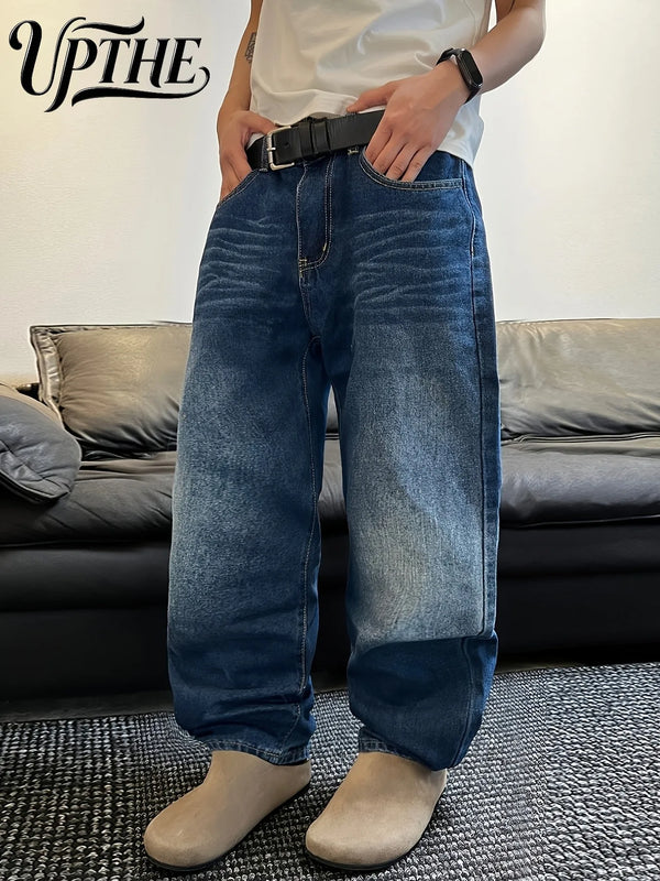 UP.THE Men's Wide-Leg Loose Jeans, Classic Blue-and-White Color Scheme, Y2K Vintage Casual Baggy Denim Pants, Suitable for Commuting, Office & Street Style