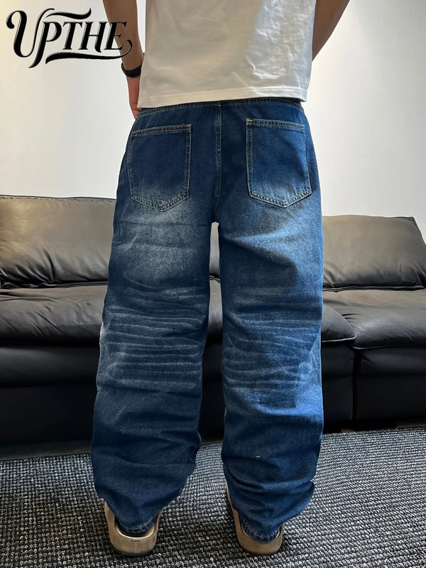 UP.THE Men's Wide-Leg Loose Jeans, Classic Blue-and-White Color Scheme, Y2K Vintage Casual Baggy Denim Pants, Suitable for Commuting, Office & Street Style