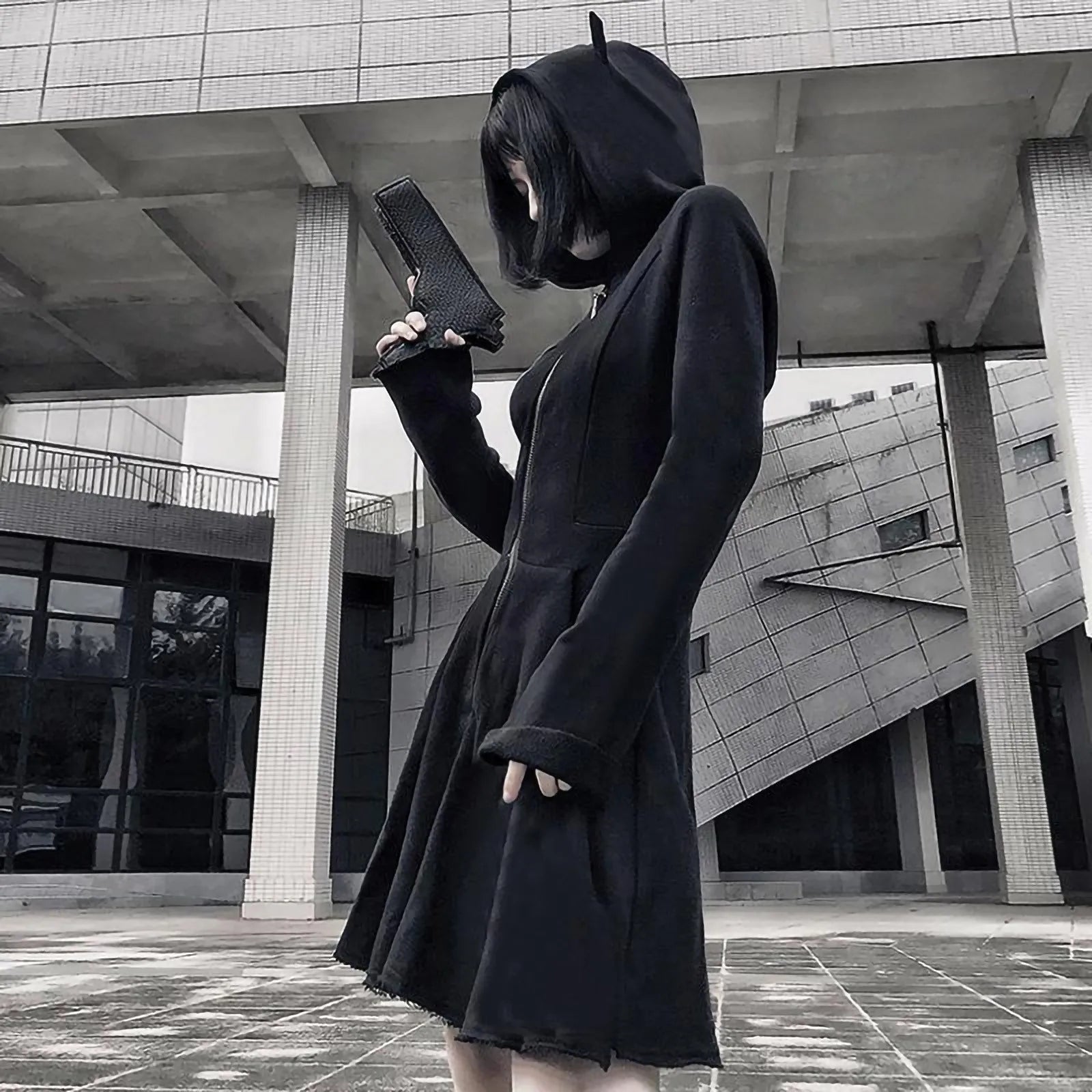 Women's Black Sweatshirt Slim Fit Zippered Cute Cat Ears Design Hoodies Gothic Hip Hop Vintage Plus Size Hooded Dress 5XL