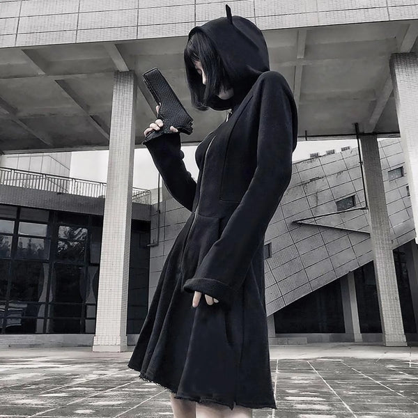 Women's Black Sweatshirt Slim Fit Zippered Cute Cat Ears Design Hoodies Gothic Hip Hop Vintage Plus Size Hooded Dress 5XL