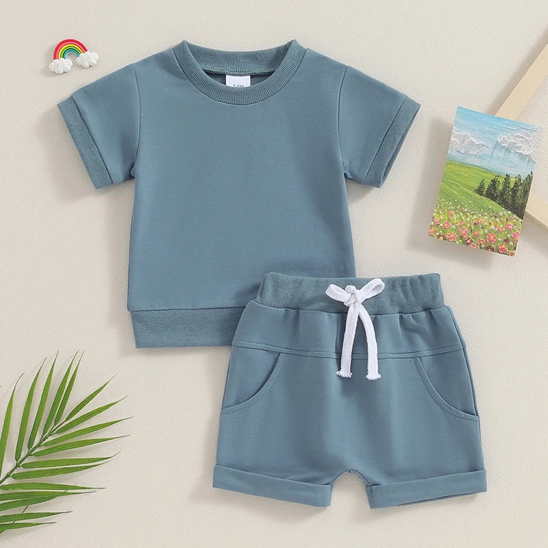 Toddler Baby Summer Clothes Solid Color Short Sleeve Round Neck T-Shirt with Shorts 2Pcs Outfit