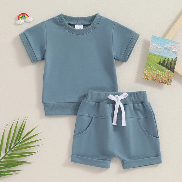 Toddler Baby Summer Clothes Solid Color Short Sleeve Round Neck T-Shirt with Shorts 2Pcs Outfit