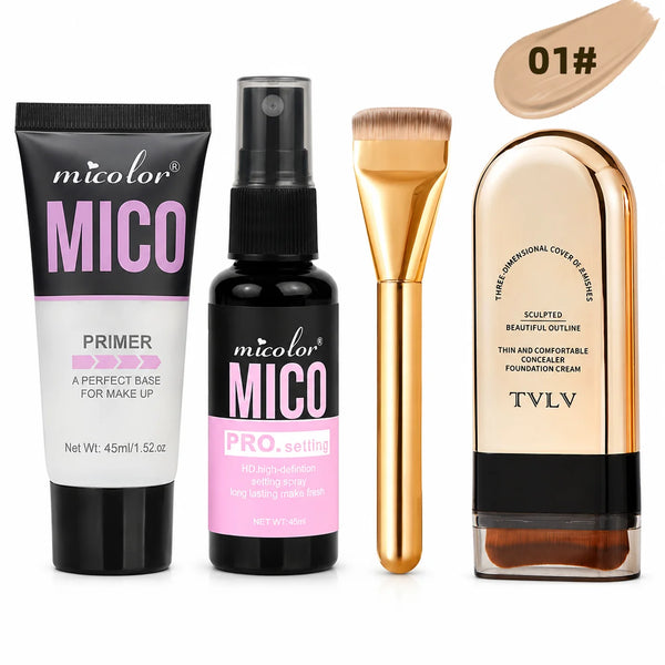 4‑in‑1 Makeup Artist Base Makeup Bundle, Hydrating Primer Gel, HD Setting Spray, Full‑Coverage Foundation Stick with Premium Foundation Brush, Long‑Lasting Matte Finish for Daily Makeup