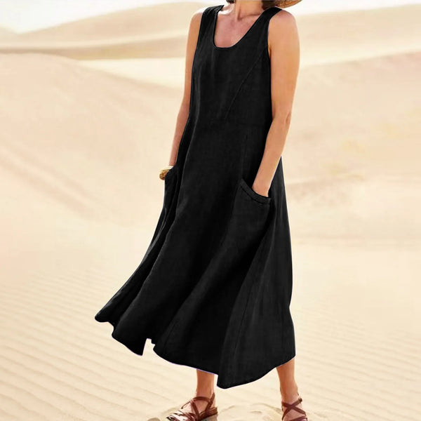 Vintage Cotton Linen Long Dresses for Women Summer Solid Color Sleeveless Boho Maxi Dress Pocket Loose Tank Dress Plus Size 5XL