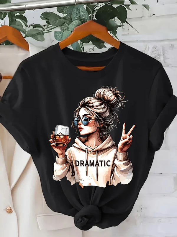 DRAMATIC 1pc Women' S Fashion Print Round Neck Short Sleeve T Shirt Casual and Comfortable for Daily Wear Trendy Print Combine