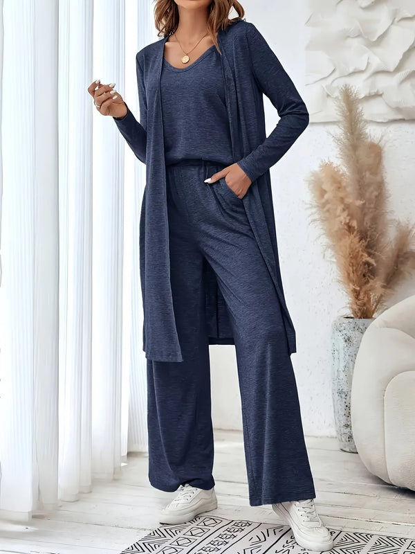 Plus Size Women 3 Piece Outfit Set, Long Sleeve Open Front Cardigan + Tank Top + Wide Leg Pants Loungewear