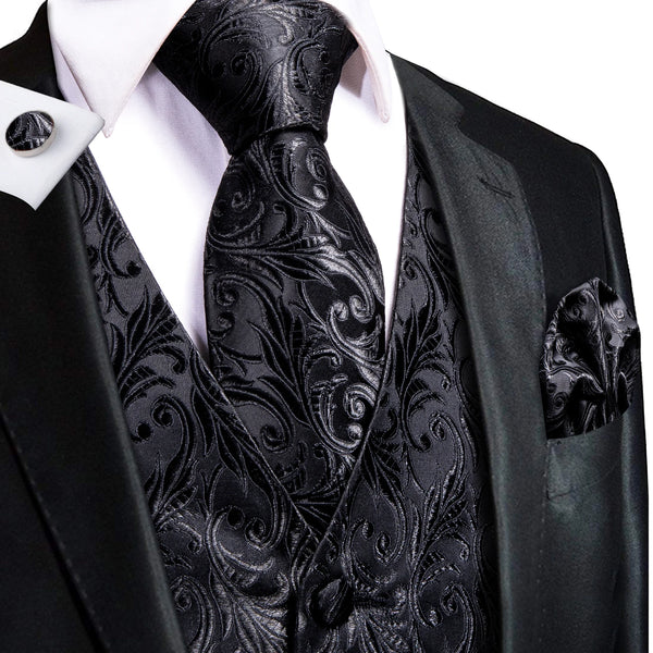 Men's Black Dress Vest Set with Tie Pocket Square Cufflinks - Jacquard Formal Tuxedo Waistcoat Suit Wedding Business Party