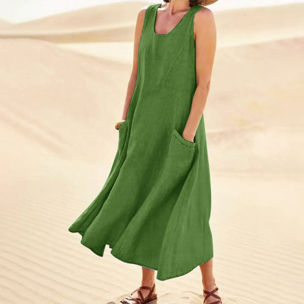 Vintage Cotton Linen Long Dresses for Women Summer Solid Color Sleeveless Boho Maxi Dress Pocket Loose Tank Dress Plus Size 5XL