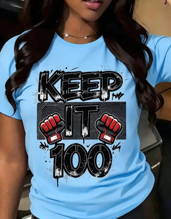 Women Crew Neck Short Sleeve T-Shirt Keep It 100 Graphic Bold Black Boxing Text Print Casual Everyday Basic Tops