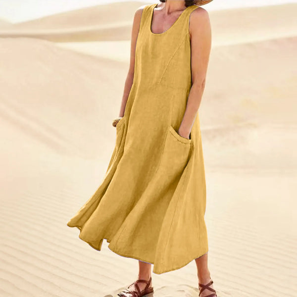 Vintage Cotton Linen Long Dresses for Women Summer Solid Color Sleeveless Boho Maxi Dress Pocket Loose Tank Dress Plus Size 5XL