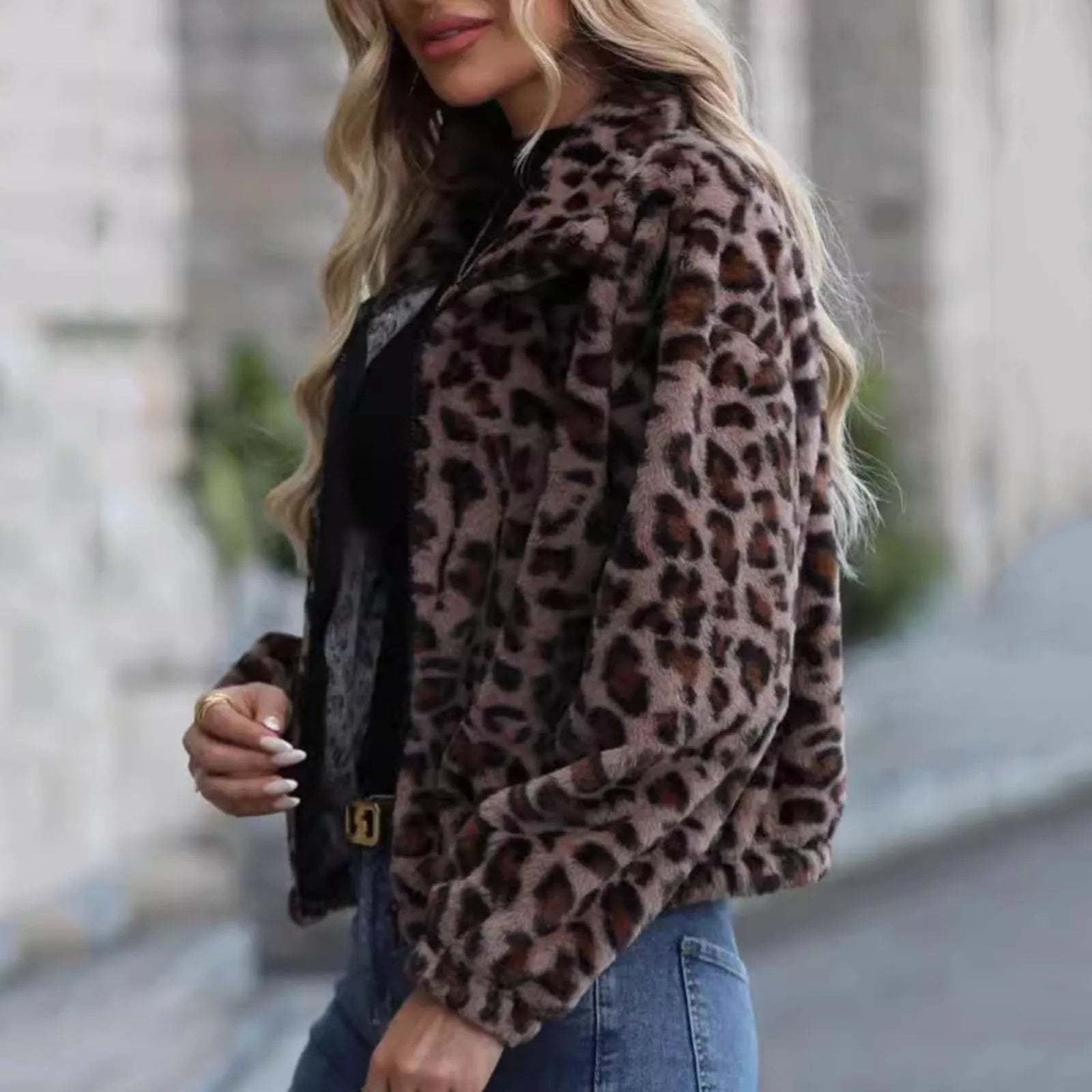 Streetwear Women Bomber Jackets Leopard Print Fashion Short Coats Fuzzy Fleece Long Sleeve Lapel Outerwear Cropped Cardigan