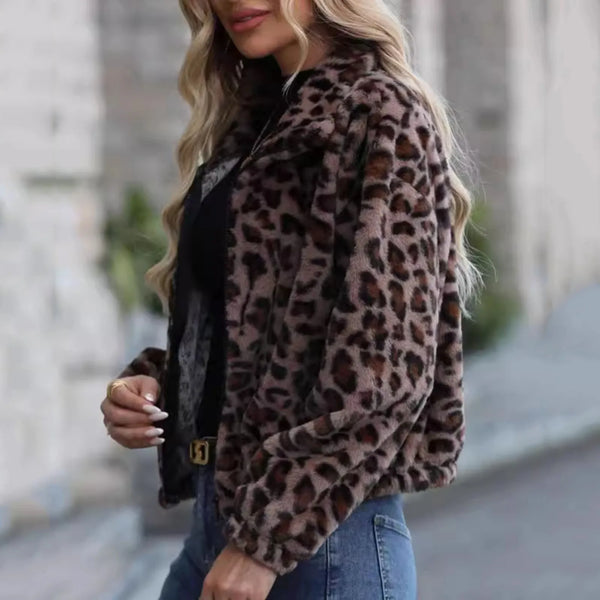 Streetwear Women Bomber Jackets Leopard Print Fashion Short Coats Fuzzy Fleece Long Sleeve Lapel Outerwear Cropped Cardigan