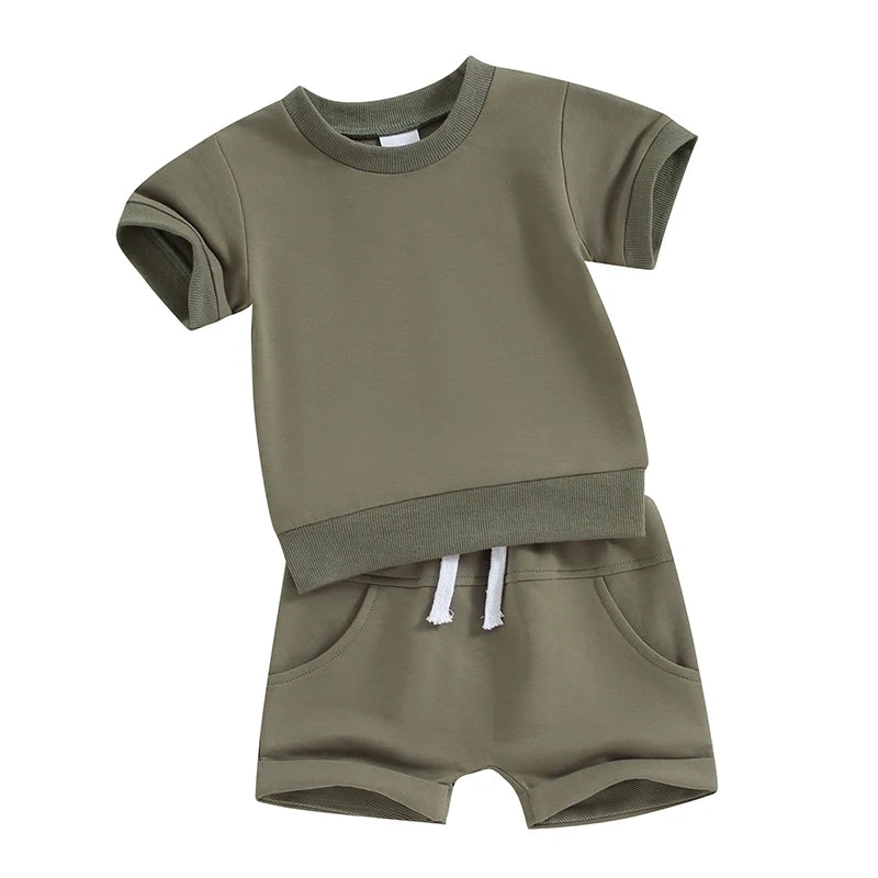 Toddler Baby Summer Clothes Solid Color Short Sleeve Round Neck T-Shirt with Shorts 2Pcs Outfit