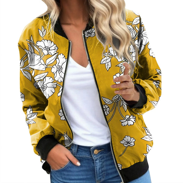 Women Floral Bomber Jacket Coats Vintage Long Sleeve Zip Up Jackets Autumn Casual Stand Collar Short Coat Female Outerwear Tops