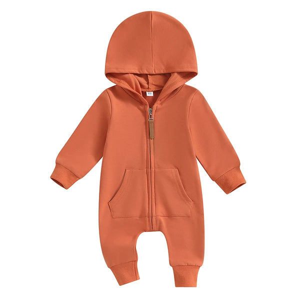 2023-07-19 Lioraitiin 0-12M Newborn Baby Boys Girls Fall Jumpsuits Long Sleeve Solid Zip Up Hooded Rompers Newborn Outfit