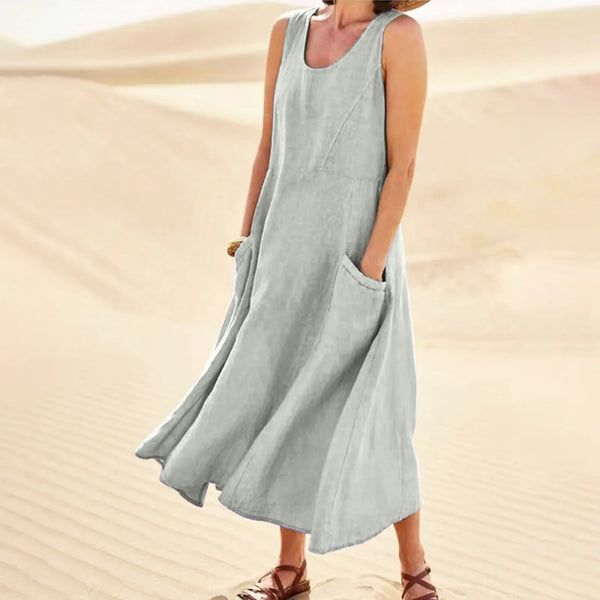 Vintage Cotton Linen Long Dresses for Women Summer Solid Color Sleeveless Boho Maxi Dress Pocket Loose Tank Dress Plus Size 5XL