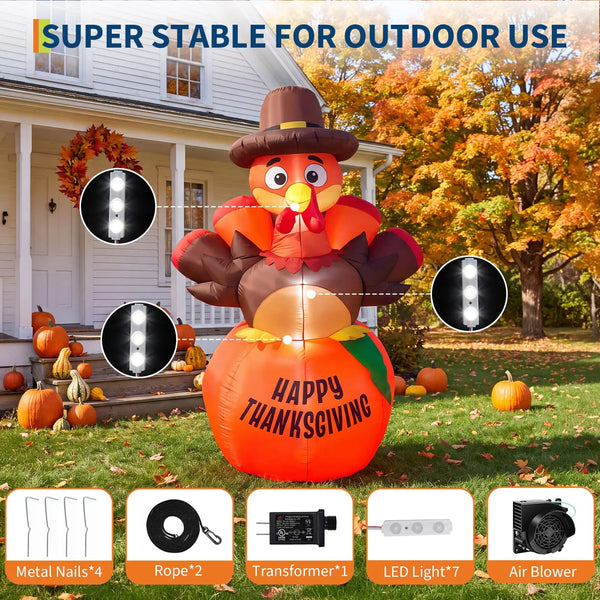 6ft Thanksgiving Inflatable Pumpkin Turkey With 7 Led Lights, Blow Up Outdoor Yard Lawn Garden Porch Party Indoor Decor Toy Display