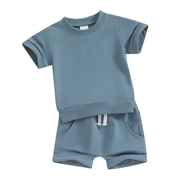 Toddler Baby Summer Clothes Solid Color Short Sleeve Round Neck T-Shirt with Shorts 2Pcs Outfit
