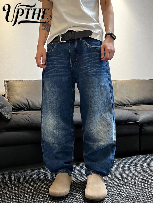 UP.THE Men's Wide-Leg Loose Jeans, Classic Blue-and-White Color Scheme, Y2K Vintage Casual Baggy Denim Pants, Suitable for Commuting, Office & Street Style
