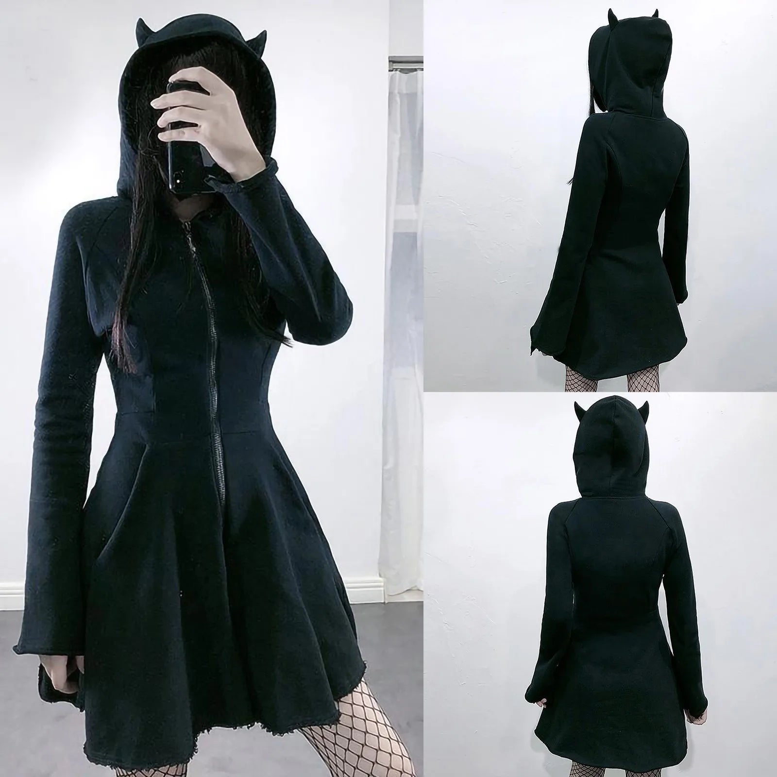 Women's Black Sweatshirt Slim Fit Zippered Cute Cat Ears Design Hoodies Gothic Hip Hop Vintage Plus Size Hooded Dress 5XL