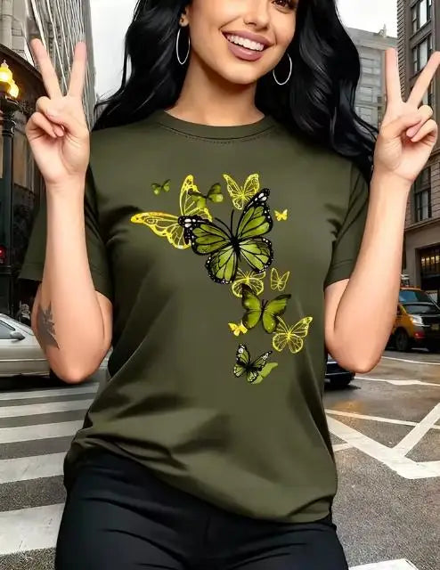 New T-shirt with Butterfly Pattern Print Round Neck Golden Element Design Exquisite and Gorgeous Breathable and Lightweight