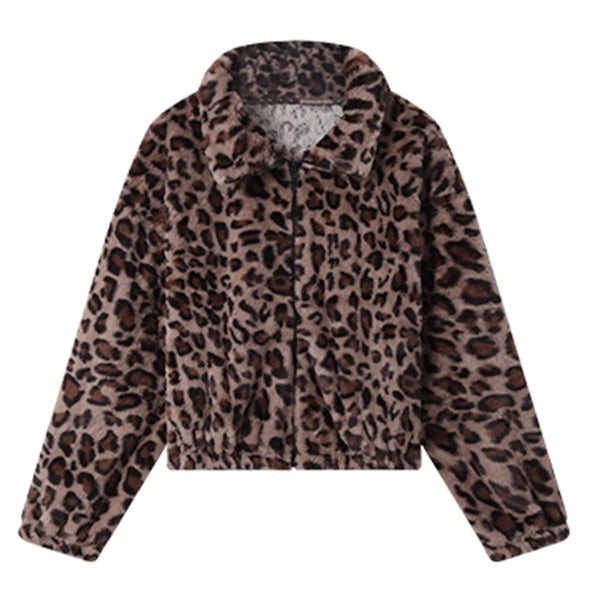 Streetwear Women Bomber Jackets Leopard Print Fashion Short Coats Fuzzy Fleece Long Sleeve Lapel Outerwear Cropped Cardigan