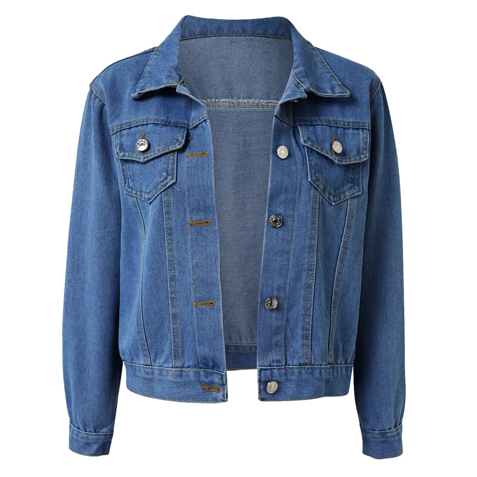 Women's Autumn Winter Thin Denim Jackets Turn Down Neck Long Sleeve Solid Color Jean Jackets Button Down Pockets Slim Crop Top