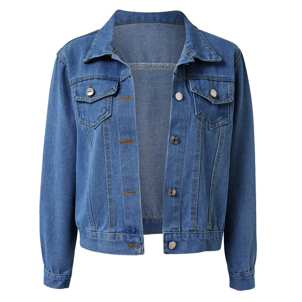 Women's Autumn Winter Thin Denim Jackets Turn Down Neck Long Sleeve Solid Color Jean Jackets Button Down Pockets Slim Crop Top