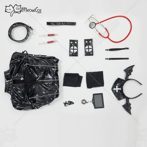 MEOWCOS Nurse Cosplay Costume Halloween Gothic Sexy Black Uniform and Headband with Thigh-High Stockings and Necklace
