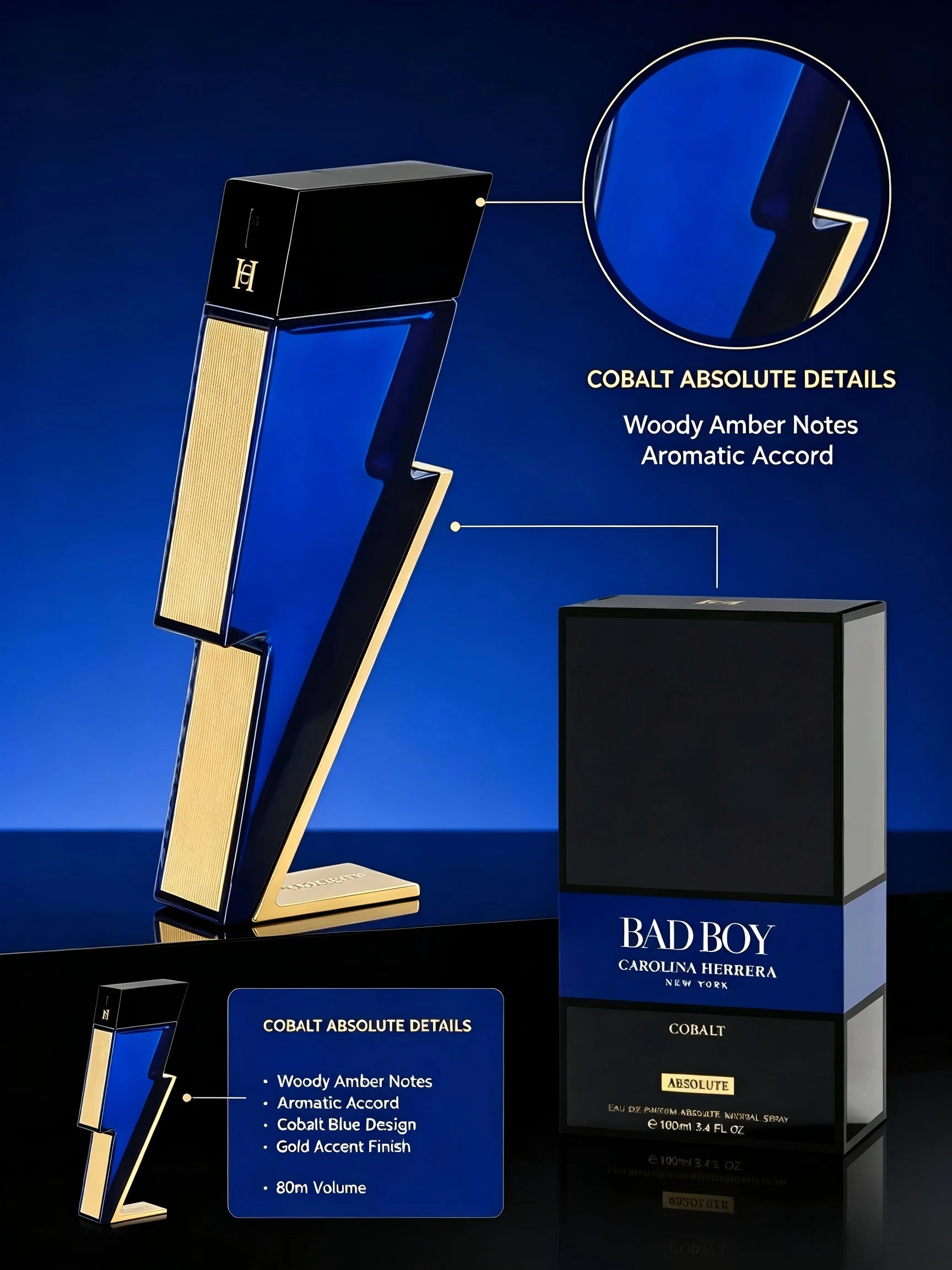 Carolina Herrera Bad Boy Cobalt Absolute EDP for Men, 3.4fl oz/100ml, 1 Bottle, Woody Amber Aromatic Long Lasting Men's Cologne, Birthday Gift for Him, Fall, Halloween, Thanksgiving, Black Friday, Christmas, New Year Holiday