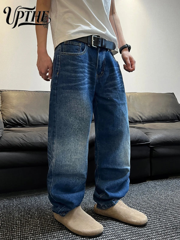 UP.THE Men's Wide-Leg Loose Jeans, Classic Blue-and-White Color Scheme, Y2K Vintage Casual Baggy Denim Pants, Suitable for Commuting, Office & Street Style