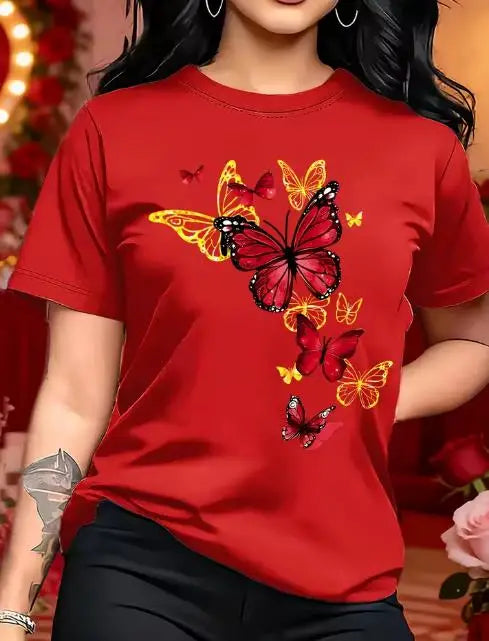 New T-shirt with Butterfly Pattern Print Round Neck Golden Element Design Exquisite and Gorgeous Breathable and Lightweight